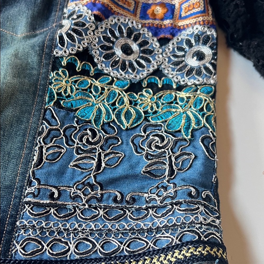 Multiples Blue Embroidered Jean jacket with crochet sleeves and embellished - Picture 7 of 9